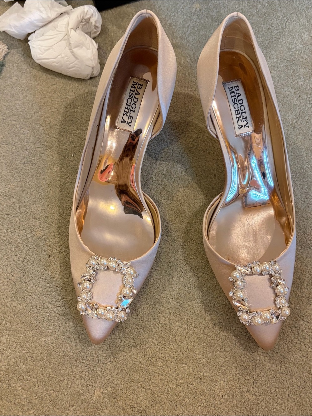 Badgley Mischka Blush Nude Satin Pointed Toe Pumps with Crystal Buckle - Picture 6 of 7